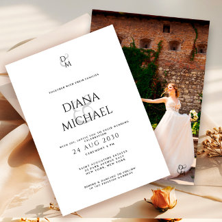 Elegant Black&White Monogram Wedding Photo  Invitation