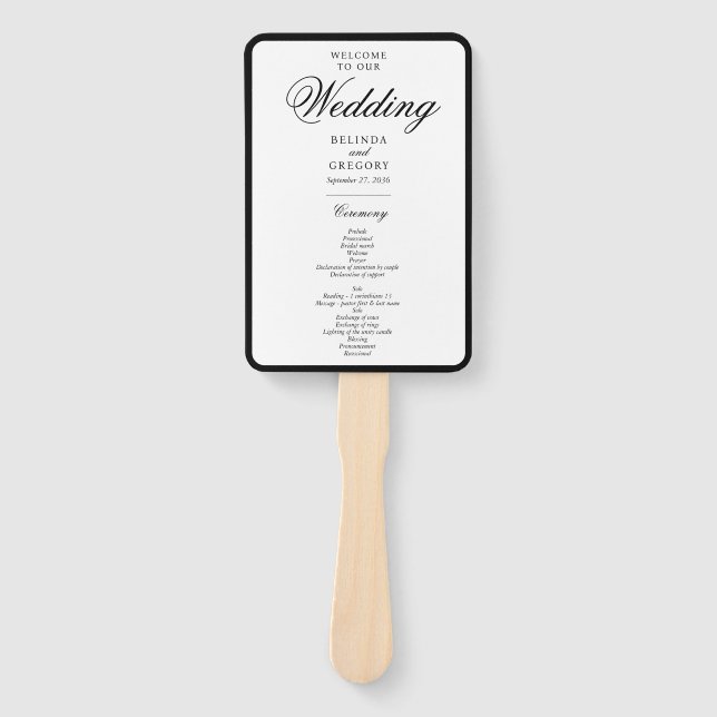 Elegant Black White Monogram Wedding Program Hand Fan (Front)