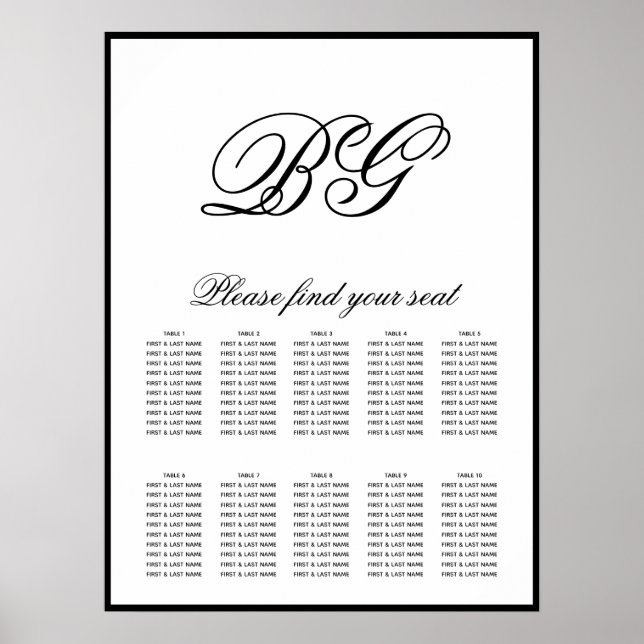 Elegant Black White Monogram Wedding Seating Chart (Front)