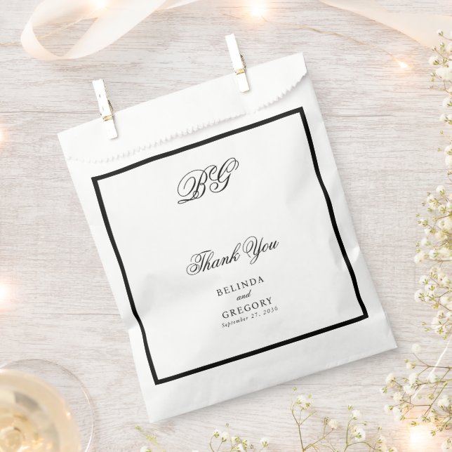 Elegant Black White Monogram Wedding Seating Chart Favour Bags (Clipped)