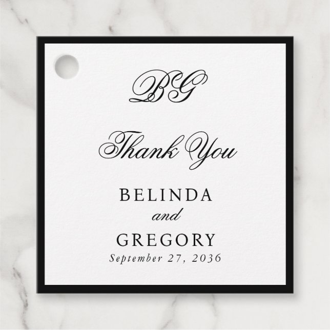 Elegant Black White Monogram Wedding Seating Chart Favour Tags (Front)