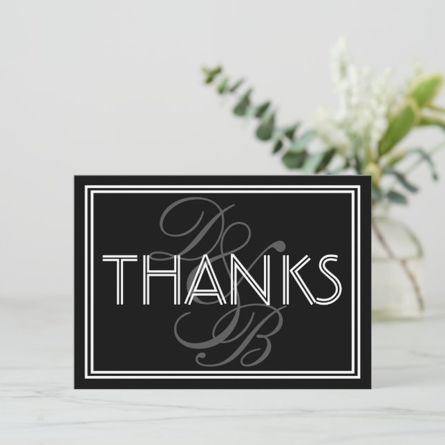 Elegant Black & White Monogram Wedding Thank You  Card (Standing Front)