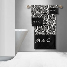 Elegant Black White Monogrammed Fern Frond Swirls