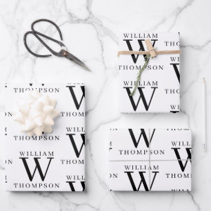 Elegant Black & White Monogrammed Name Wrapping Paper Sheet