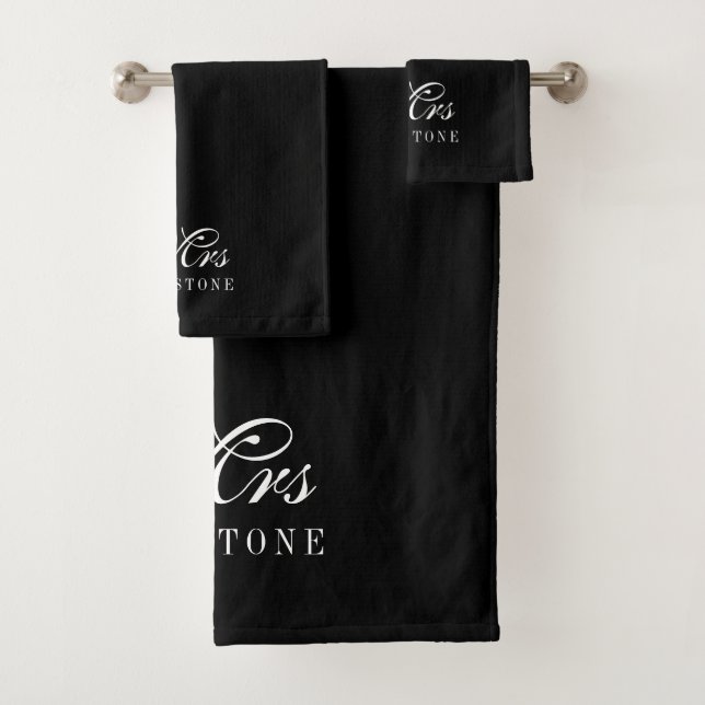 Elegant Black & White Mrs Name  Bath Towel Set (Insitu)