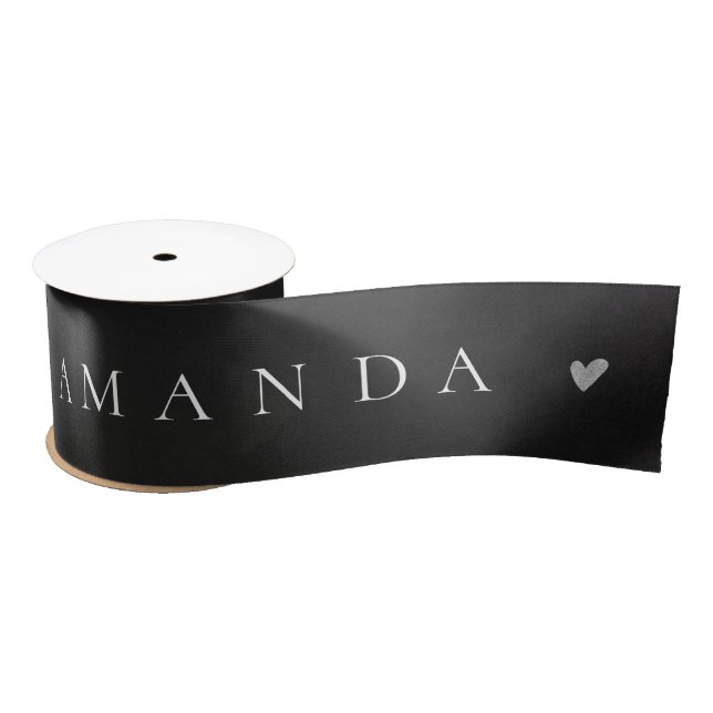 Elegant Black White Name Heart Christmas Gift Satin Ribbon (Spool)