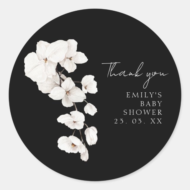 Elegant Black White Orchids Floral Baby Shower Classic Round Sticker (Front)