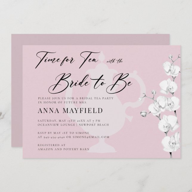 Elegant Black White Orchids Time for Tea Bridal Invitation (Front/Back)