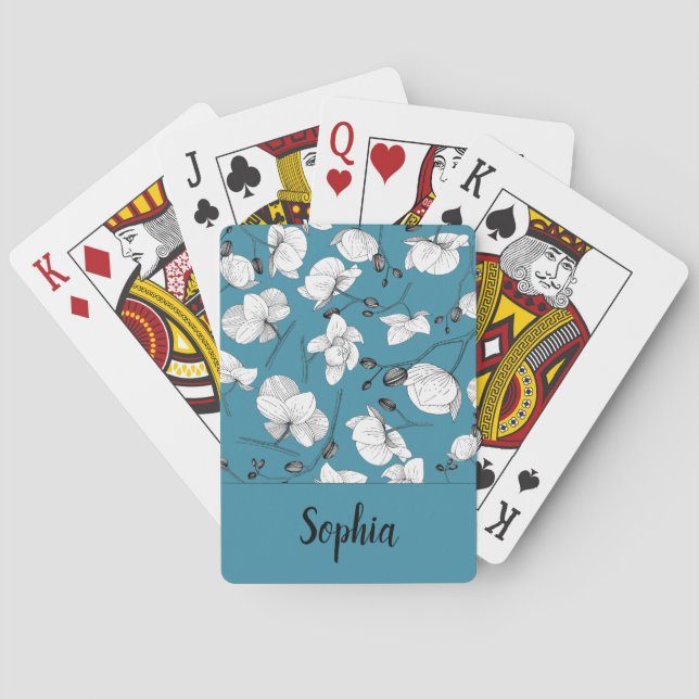 Elegant black & white orchids with name turquoise playing cards (Back)