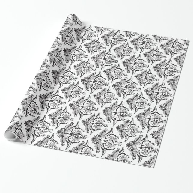 Elegant Black & White Ornate Floral Damasks Wrapping Paper (Unrolled)