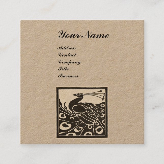 ELEGANT BLACK WHITE PEACOCK MONOGRAM Kraft Paper Square Business Card (Front)