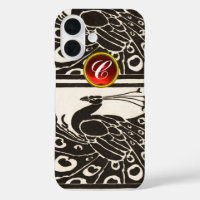 ELEGANT BLACK WHITE PEACOCK RED RUBY GEM MONOGRAM