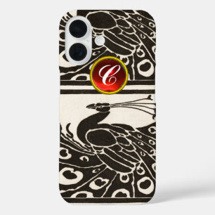 ELEGANT BLACK WHITE PEACOCK RED RUBY GEM MONOGRAM iPhone 16 CASE