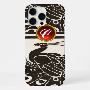 ELEGANT BLACK WHITE PEACOCK RED RUBY GEM MONOGRAM iPhone 16 PRO MAX CASE