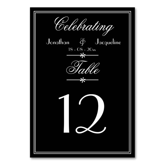 Elegant Black & White Personalised Wedding Table Number (Front)