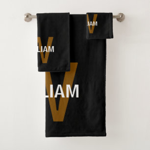 Elegant Black &White Personalized Name Monogram Bath Towel Set
