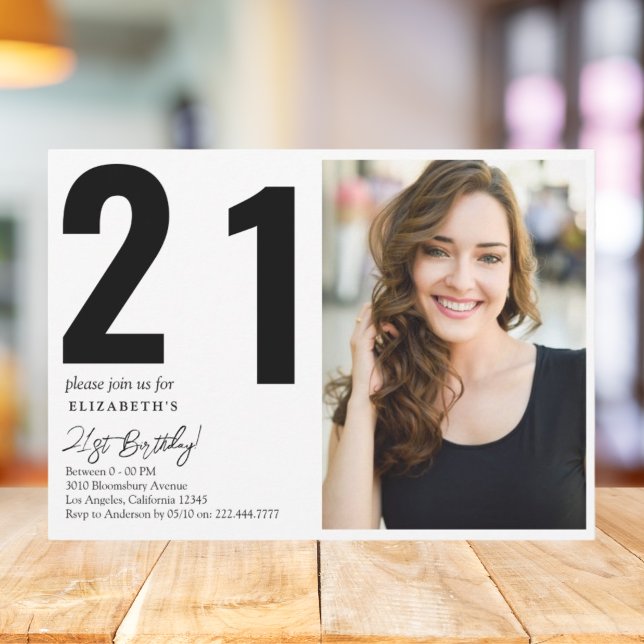 Elegant Black White Photo 21st Birthday Party Invitation (Creator Uploaded)