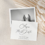 Elegant Black White Photo Back Wedding Horizontal Save The Date<br><div class="desc">This Save the Date horizontal announcement card features an elegant script heading and your custom text,  with a black and white photo on the back.  Use the template to add your information.  The colours and the filter on the photo mask can be changed using the Design Tool.</div>