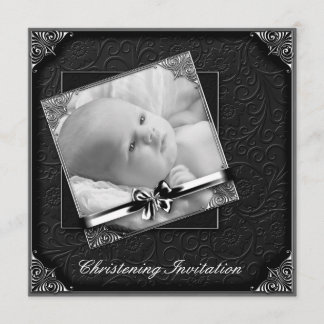 Elegant Black White Photo Christening Invitation