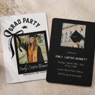 Elegant Black White Photo Coquette Bow Graduation Invitation