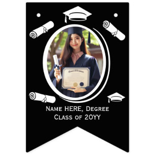 Elegant Black, White Photo Graduation Cap, Diploma Bunting