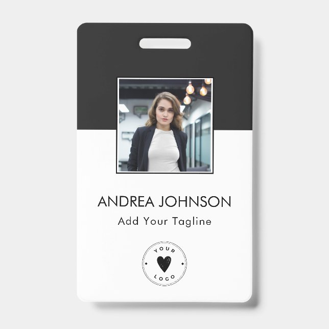 Elegant Black & White Photo Logo Bar Code & Name ID Badge (Front)