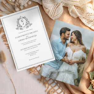 Elegant Black White Photo Monogram Crest Wedding I Invitation