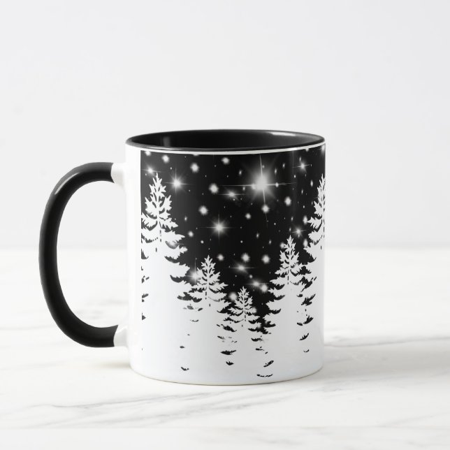 Elegant black white pine forest night sky stars mug (Left)