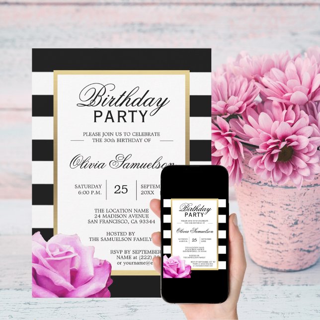 Elegant Black White Pink Rose Birthday Party Invitation (Creator Uploaded)