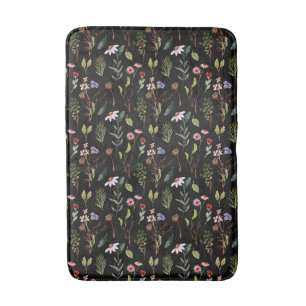 Elegant black white &pink wildflower watercolor bath mat