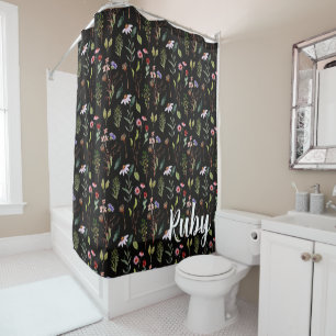 Elegant black white &pink wildflower watercolor  shower curtain