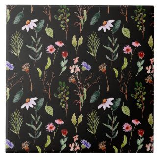 Elegant black white &pink wildflower watercolor tile