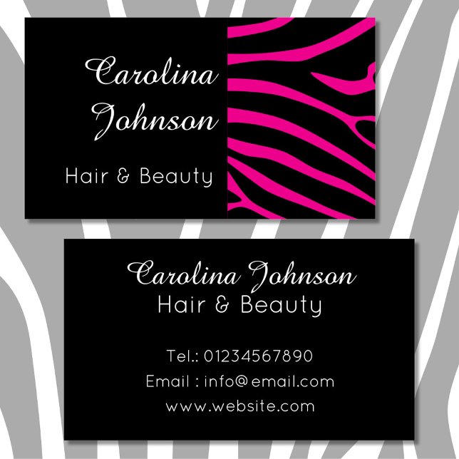 Elegant black white pink zebra hair & beauty business card (Creator Uploaded)