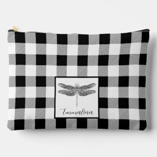 Elegant black white plaid gingham dragonfly  accessory pouch