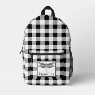 Elegant black white plaid gingham dragonfly  printed backpack