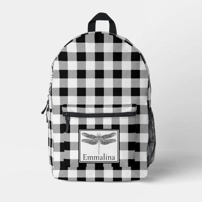 Elegant black white plaid gingham dragonfly  printed backpack (Front)