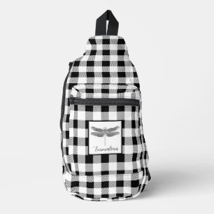 Elegant black white plaid gingham dragonfly sling bag