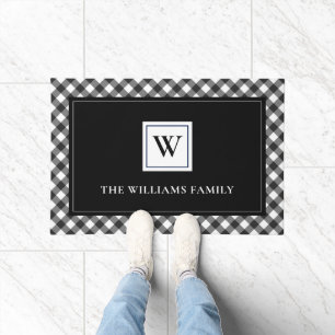 Elegant Black White Plaid Monogram Family Doormat