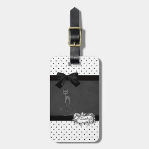 Elegant  Black,White Polka Dots-Black Bow,Cat Luggage Tag