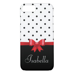 Elegant  Black white polka dots red bow monogram Case-Mate iPhone Case