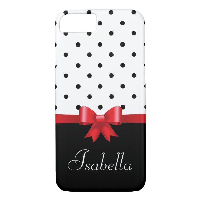 Elegant  Black white polka dots red bow monogram Case-Mate iPhone Case (Back)