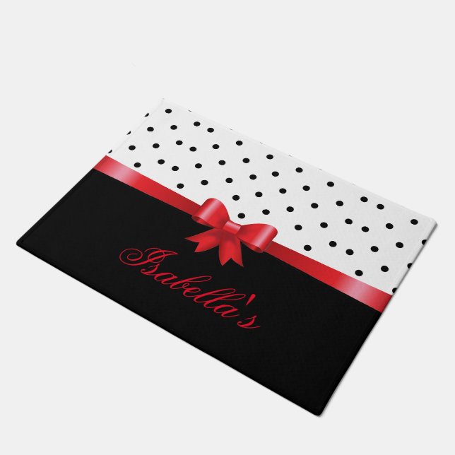 Elegant Black white polka dots red bow Personalise Doormat (Angled)