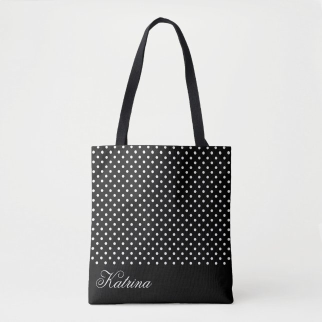 Elegant Black White Polka Pattern Personalised Tote Bag (Front)