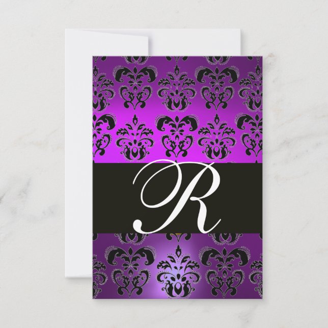 ELEGANT BLACK WHITE PURPLE DAMASK MONOGRAM RSVP (Front)