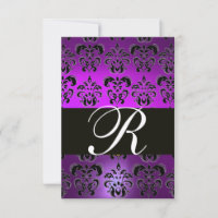 ELEGANT BLACK WHITE PURPLE DAMASK MONOGRAM RSVP