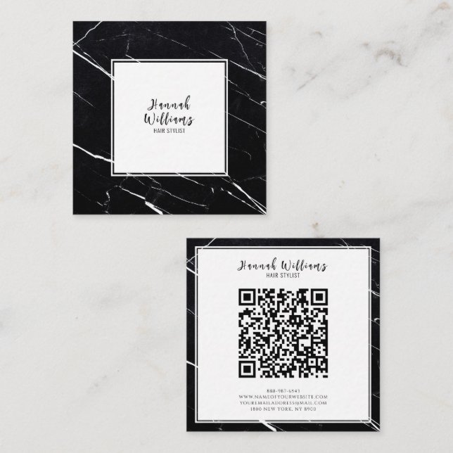 Elegant Black & white Qr Code Abstract Marble  Square Business Card (Front/Back)