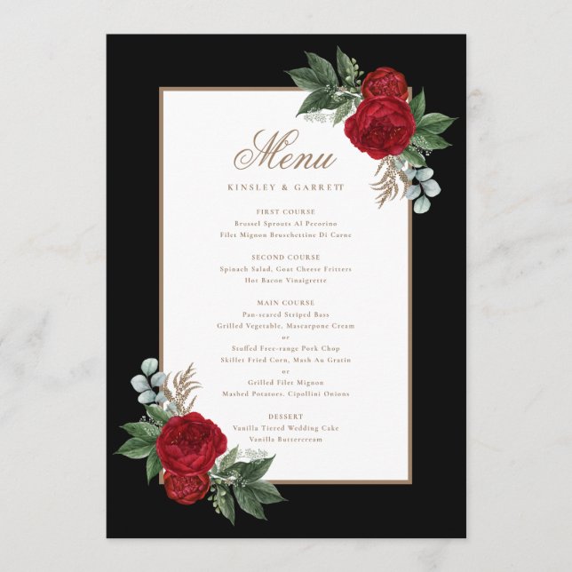 Elegant Black & White Red Floral Gold Calligraphy Menu (Front)