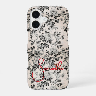 Elegant Black White Red French Toile Monogram iPhone 16 Case