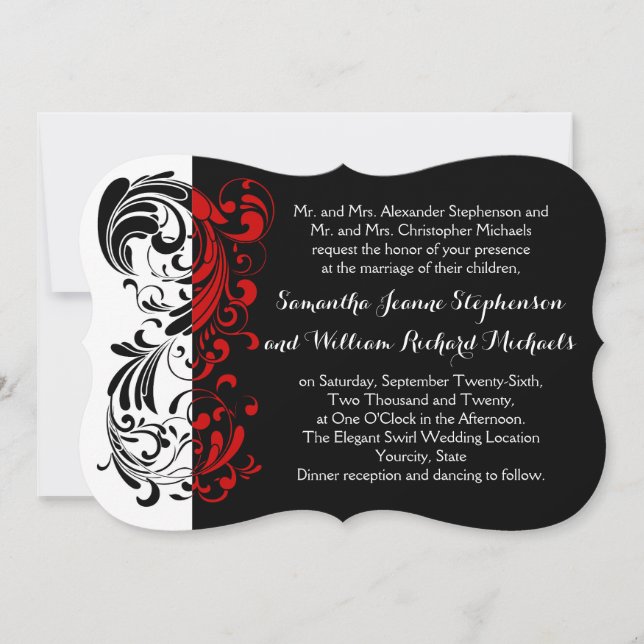 Elegant Black/White/Red Swirl Shaped Wedding Invitation (Front)