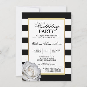 Elegant Black White Rose Birthday Party Invite